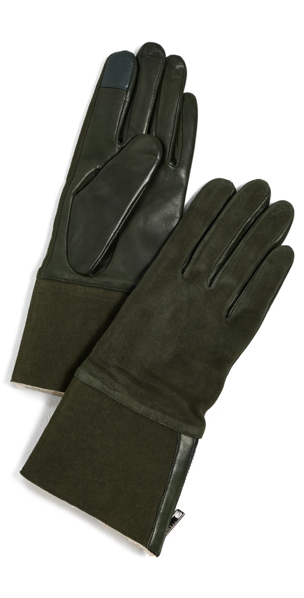 Carolina Amato Suede Back Shearling Cuff & Side Zipper Gloves Olive