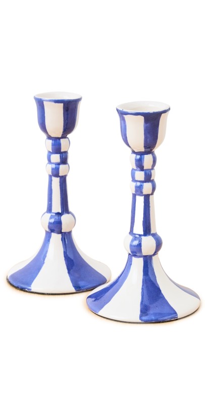 Misette Pair of Hand Painted Ceramic Candle Holders Blu