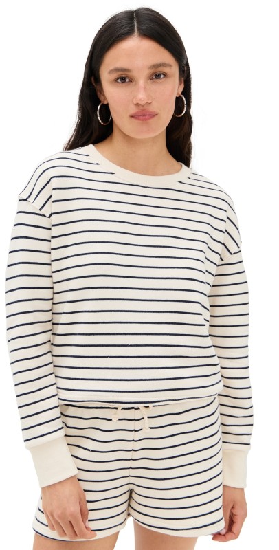 perfectwhitetee Tyler French Terry Stripe Pullover Sweatshirt Navy/Natural Stripe