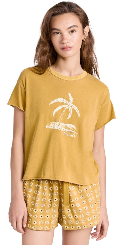 THE GREAT. The Crop Tee with Island Palm Graphic Honeycomb