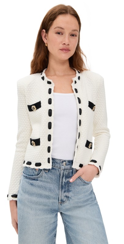 L'AGENCE Astor Contrast Trim Cardigan Ivory/Black