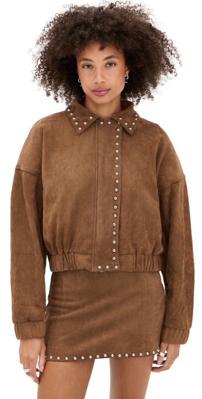Moon River Stud Detail Zipper Front Faux Suede Jacket Camel