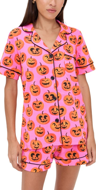 BedHead PJs Short Sleeve Cotton Knit Boxer Pajama Set Jolly Jack-O-Lanterns