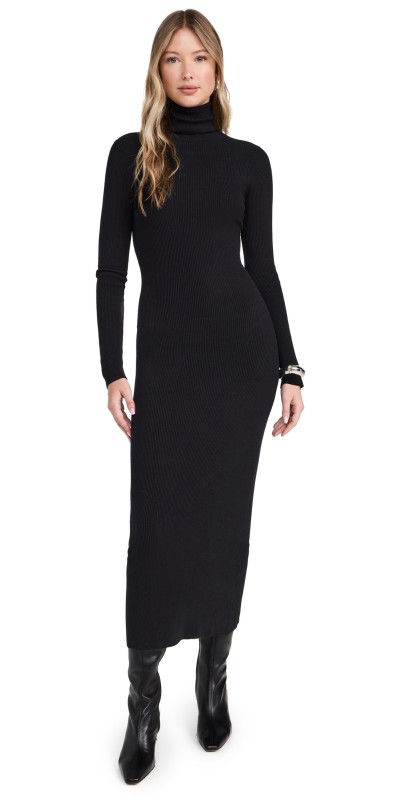 Enza Costa Silk Sweater Rib Ankle Turtleneck Dress Black