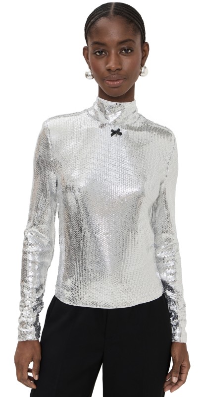 ROTATE Sequin High Collar Top Silver