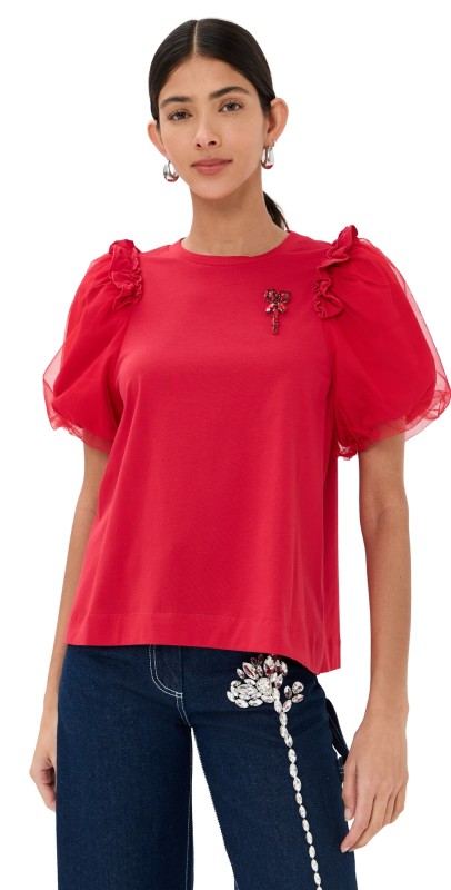 Simone Rocha Tulle Overlay Puff Sleeve Frill T-Shirt with Turbo Red/Red