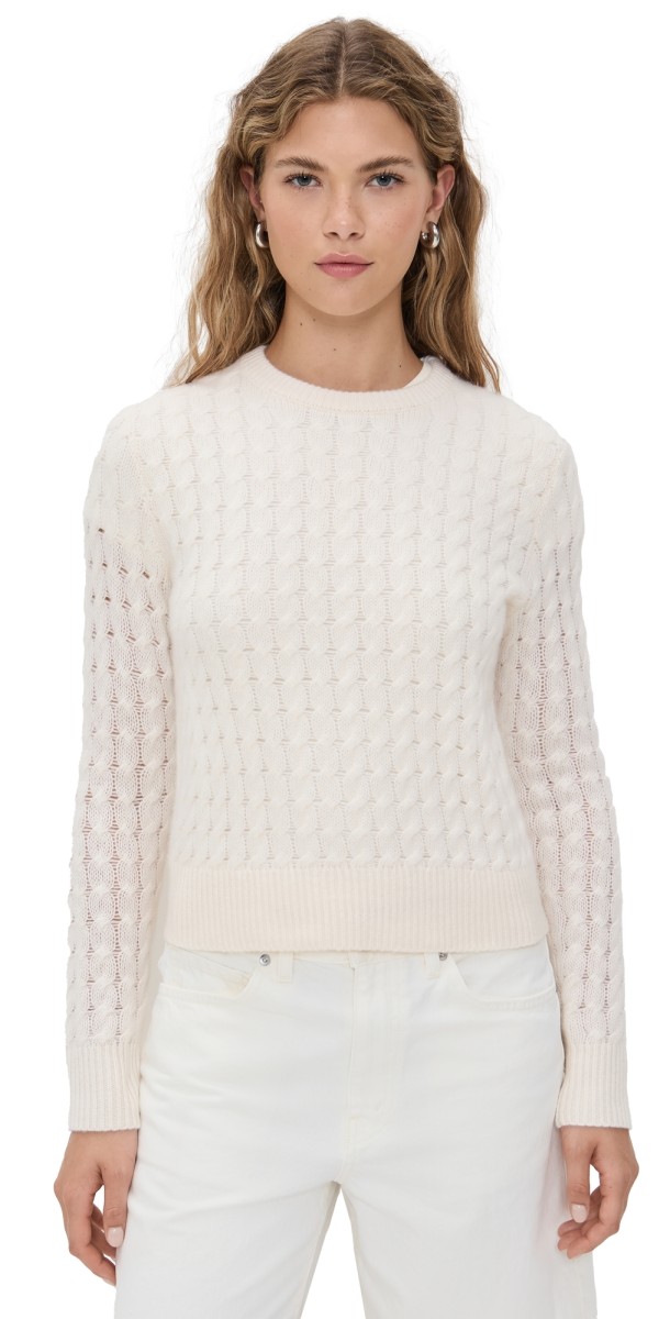 White + Warren Cashmere Cable Shrunken Crew Sweater Soft White