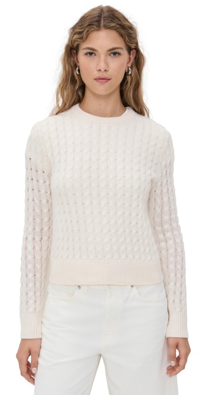 White + Warren Cashmere Cable Shrunken Crew Sweater Soft White
