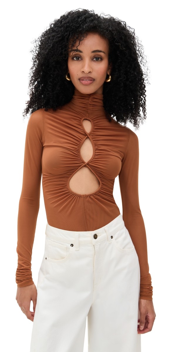 Andrea Iyamah Salle Mesh Thong Bodysuit Camel