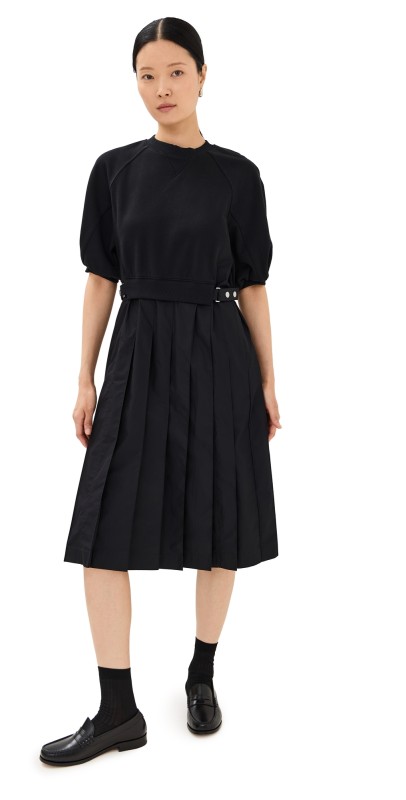 3.1 Phillip Lim Lantern Sleeve Sweatshirt Dress with Pleated Poplin Combo Black-Black