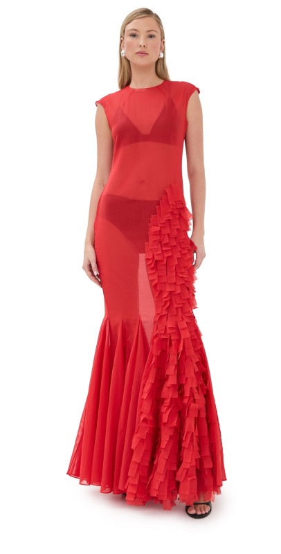 A. W.A. K.E. MODE Organza Godet Dress Red