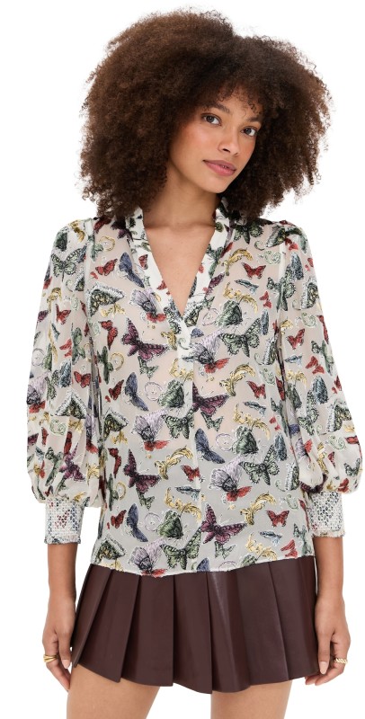 alice + olivia Sheila Blouson Sleeve Smocked Cuff Henley Top Spread Your Wings