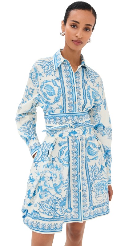 Versace Underwater Barocco Cotton Poplin Dress Eggshell/Bright DV Blue