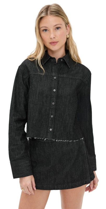 alice + olivia Finely Short Raw Hem Button Down MAYA CHARCOAL BLACK