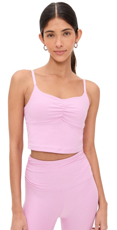 Beyond Yoga Spacedye Raise the Barre Shirred Cropped Tank Pink Haze Heather