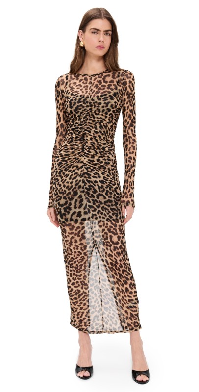 Good American Mesh Ruched Maxi Dress Lucky Leopard001