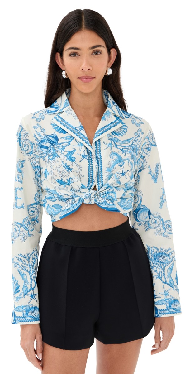 Versace Informal Shirt Underwater Barocco Bicolour Foulard On Cotton Poplin Eggshell/Bright DV Blue