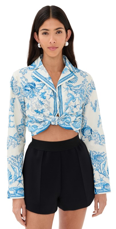 Versace Informal Shirt Underwater Barocco Bicolour Foulard On Cotton Poplin Eggshell/Bright DV Blue
