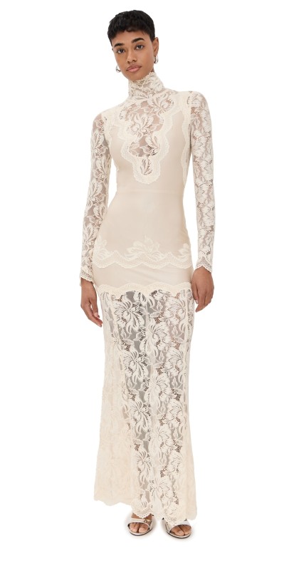 rabanne Long Dress in Lace and Jersey Ivory