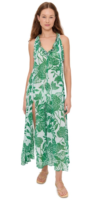Poupette St Barth Nava Sari Gauze Long Dress White Green Macro Stelis