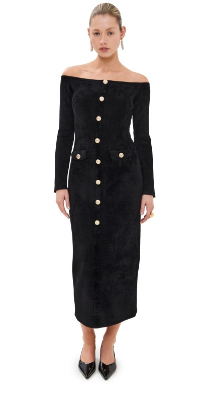 Self Portrait Black Chenille Knit Midi Dress Black