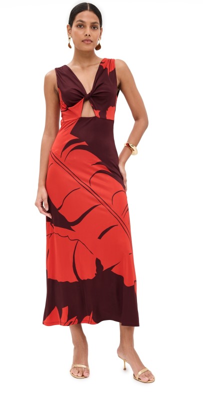 Johanna Ortiz Deep Heart Ankle Dress Palm Shadows - Red-Lobster Red