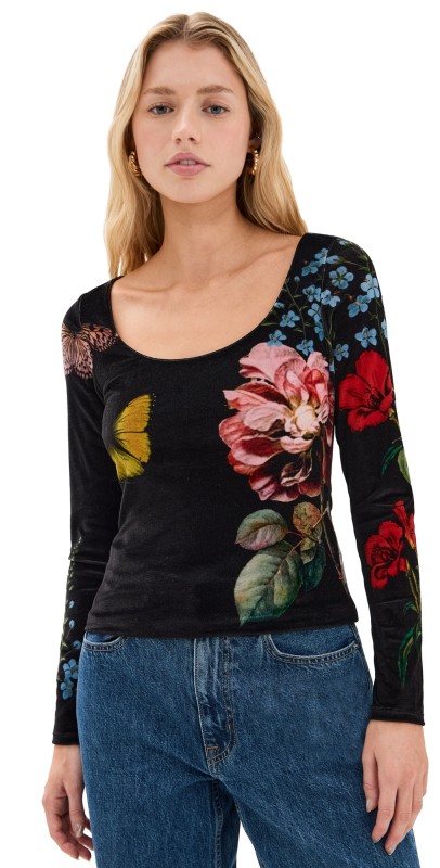 alice + olivia Delania Velvet Scoop Neck Top In The Wind Floral