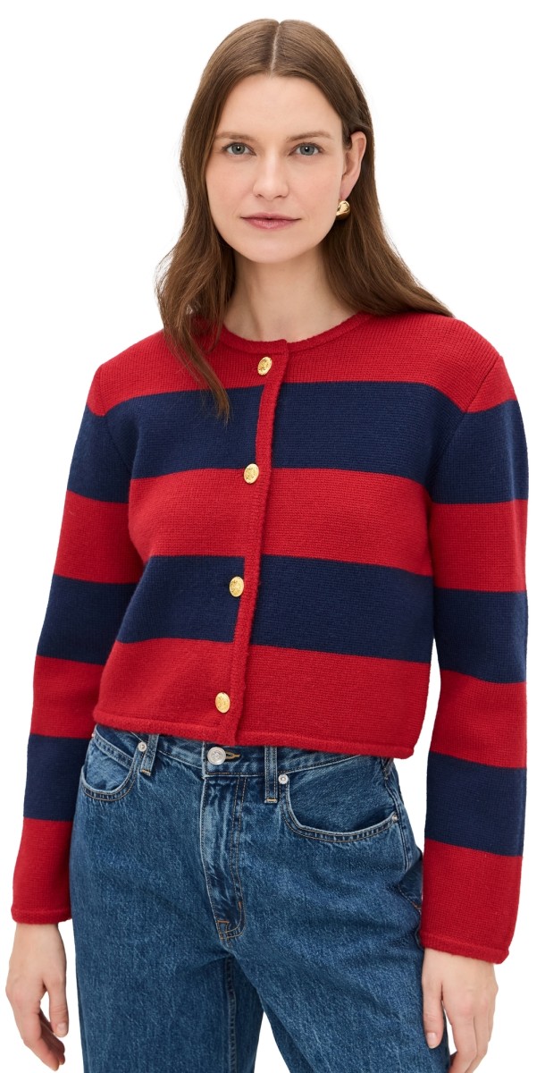 English Factory Striped Knit Cardigan Cherry/Navy