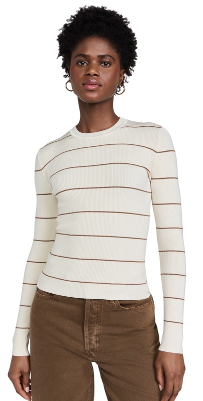 FRAME Striped Rib Crew Top Camel Multi