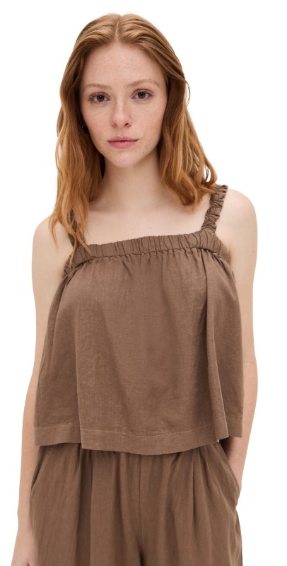 Stateside Linen Ruched Shoulder Tank Taupe