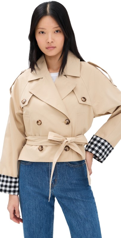 Line & Dot Alba Crop Trench Jacket with Gingham Check Cuffs Beige/Blac