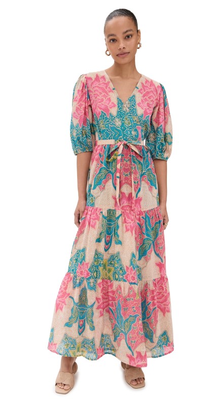 Bell Flora Wrap Dress Beige Pink Floral