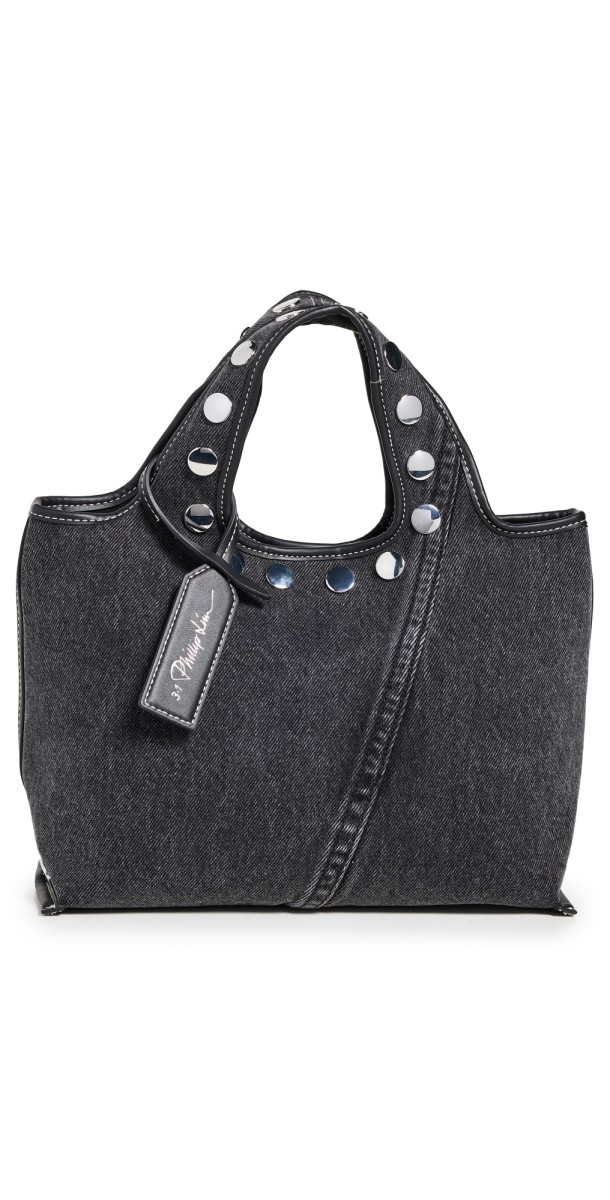 3.1 Phillip Lim Washed Denim Mini Market Tote with Studs Washed Blk
