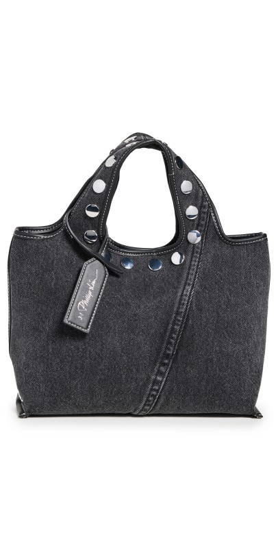 3.1 Phillip Lim Washed Denim Mini Market Tote with Studs Washed Blk