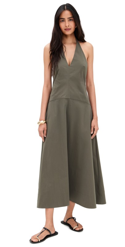 St. Agni Halter Plunge Dress Khaki