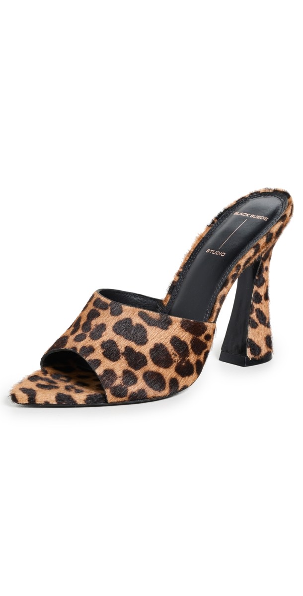 Black Suede Studio Junie Sandals 100mm Leopard Pony