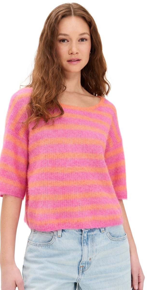 American Vintage Short Sleeve Pullover Orange Fluo Raye Hibiscus