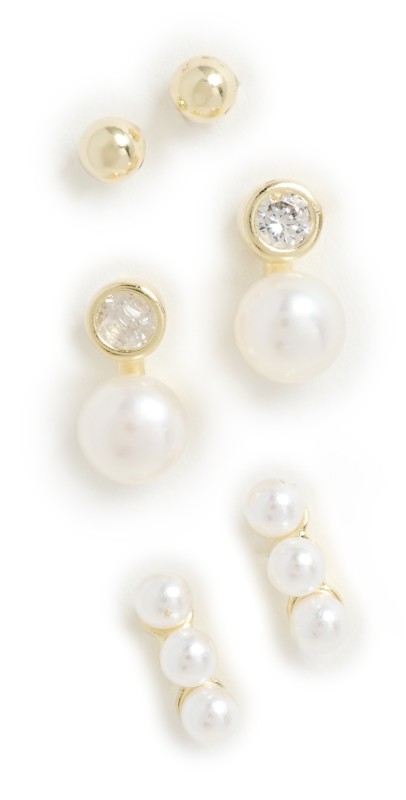 By Adina Eden Cubic Zirconia & Pearls Stud Earrings Combo Set Gold