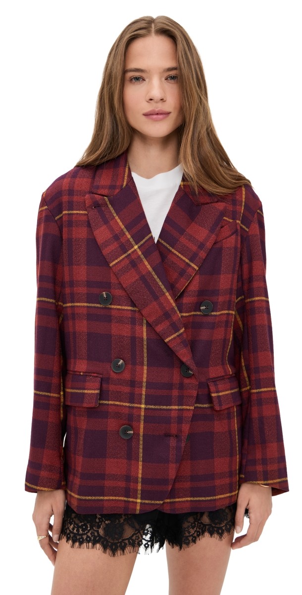 Free People Dean Double Breasted Blazer Plum Combo