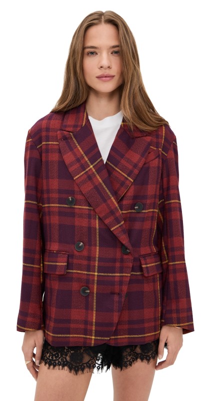 Free People Dean Double Breasted Blazer Plum Combo