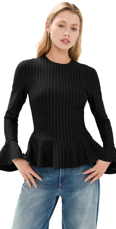 GANNI Compact Stripe Jersey Peplum Blouse Black