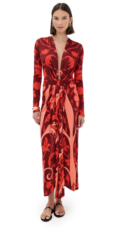 Johanna Ortiz Oasis Ankle Dress Dark Wine/Peach/Hot Red