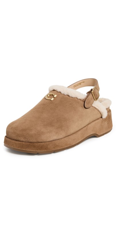 Coach Sculpted C Suede Shearling Platform Clogs Coconut/Natural