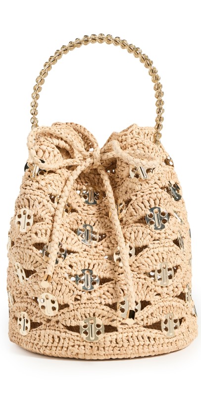 rabanne Raffia Wave Bucket Bag With Signature 1969 Discs Natural/Light Gold