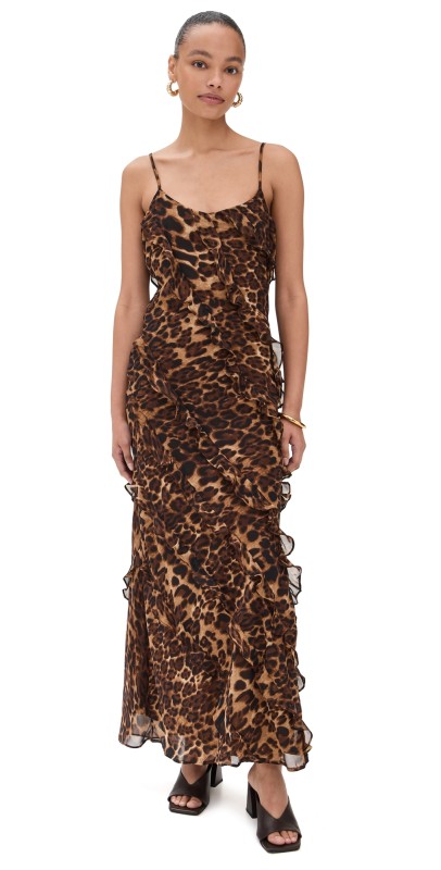 endless rose Animal Print Ruffled Slip Maxi Dress Animal Print