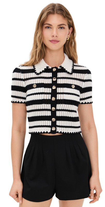 Self Portrait Cream and Black Striped Crochet Top Cream Black