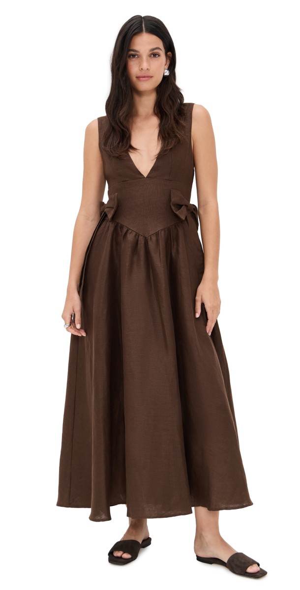 VRG GRL Daphne Linen Midi Dress Chocolate