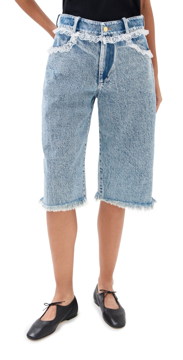 Tanner Fletcher Sid Lace Trim Long Jean Shorts Vintage Wash