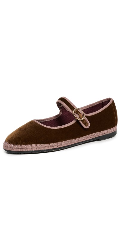 Flabelus Velvet Mary Jane Flats Brown