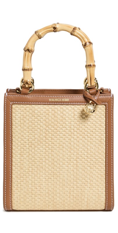 Veronica Beard Small Raffia Bamboo Shopper Tote Beige/Hazelwood